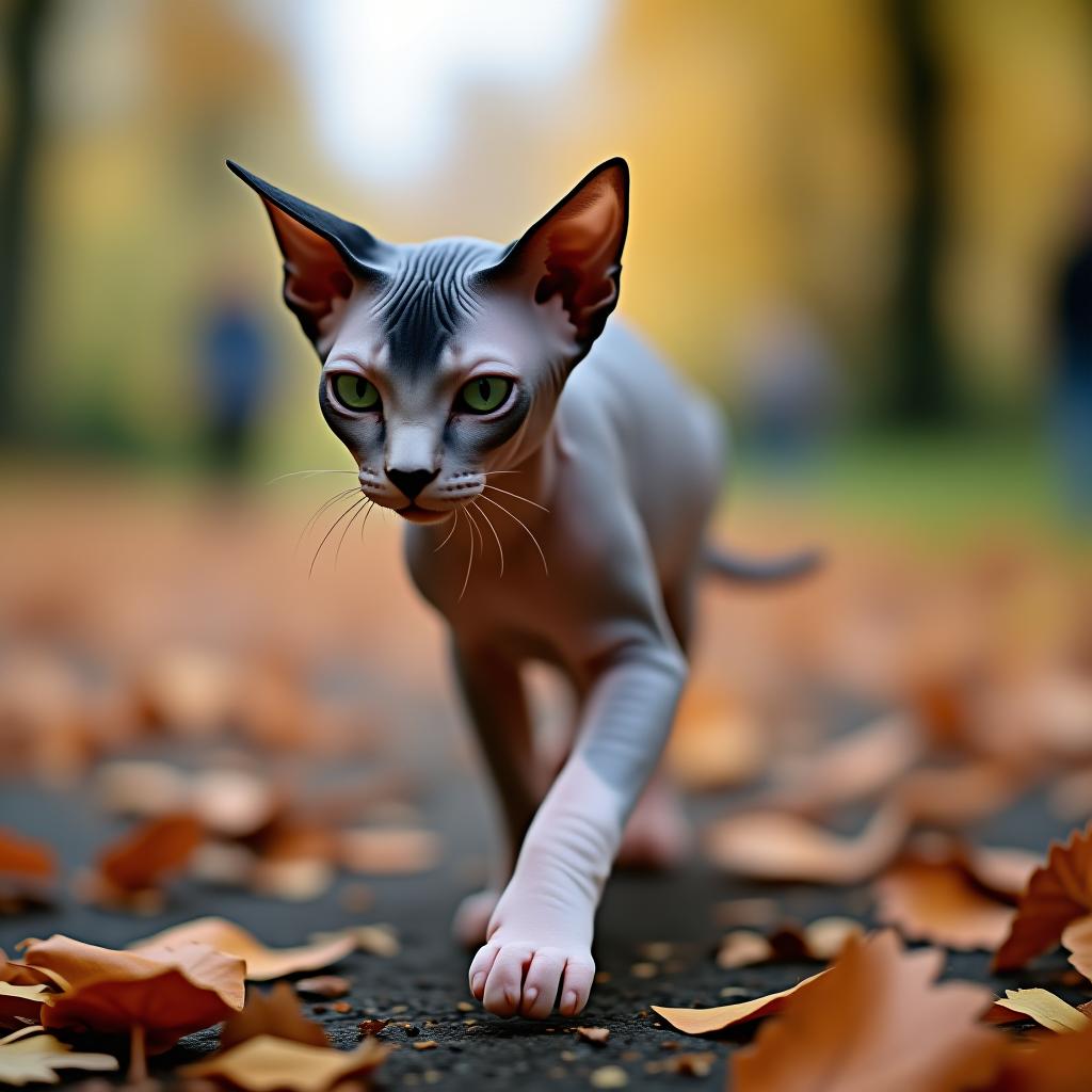  a gray sphynx cat with black ears, pink paws, and a small black spot on its white cheek is walking through an autumn park.