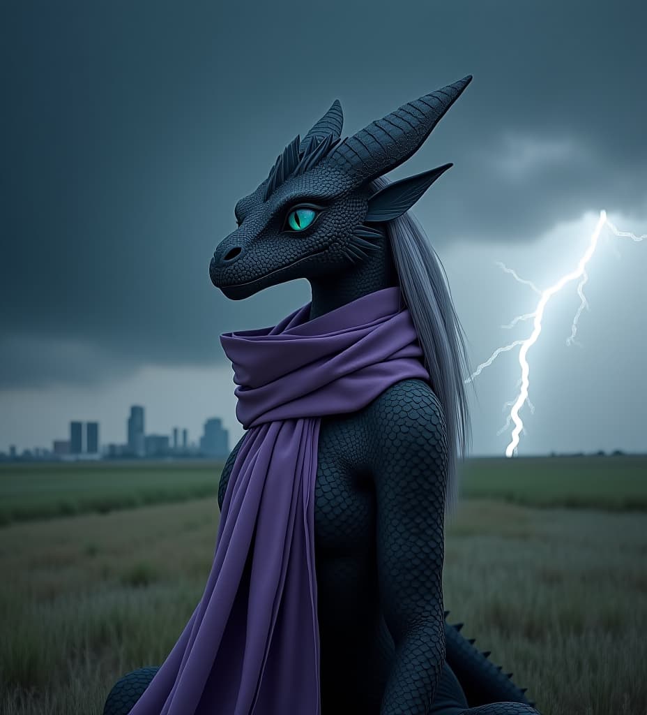  an alluring anthro dragon woman, black scales, four aqua eyes, asphalt colored long mane, feminine, and a long flowing wisteria colored scarf. in the background is a severe thunderstorm in the plains, with the oklahoma city skyline visible in the distance.