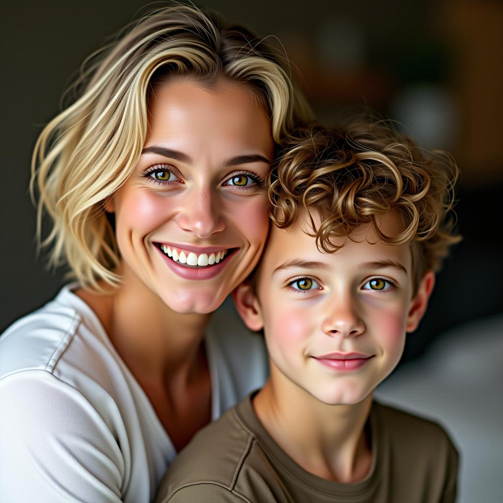  make an image of a short bob blonde white woman with brown eyes being a mother to a son with light brown curly hair and mixed