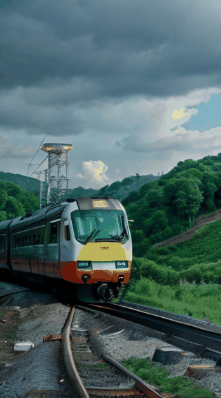 train passing on a track in green hilly area and in the background there is horizon with sunset and clouds are also moving forward