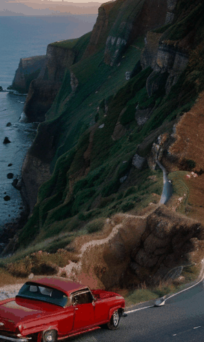 A vintage red convertible driving along a winding coastal road at sunset, with the ocean waves crashing against rugged cliffs and seagulls soaring in the sky