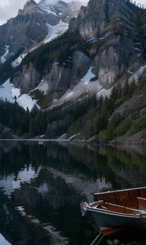 A serene mountain lake nestled between snow-capped peaks, with a wooden cabin overlooking the tranquil water, and a rowboat moored at the shore