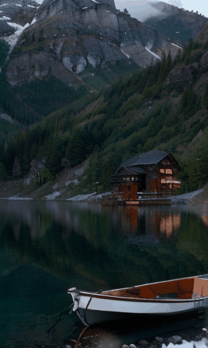 A serene mountain lake nestled between snow-capped peaks, with a wooden cabin overlooking the tranquil water, and a rowboat moored at the shore