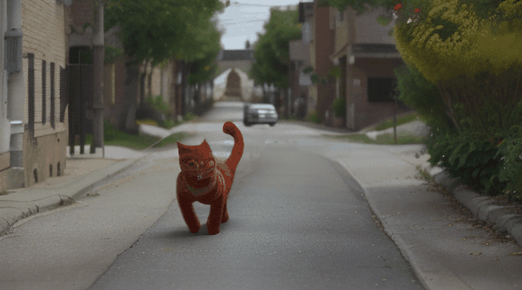 a young red cat with green eyes runs cheerfully along the street of a small town where there are many flowers.realistic high quality