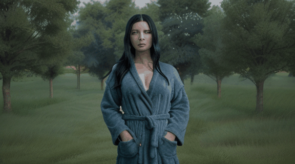 A woman with black hair, and blue eyes, wearing a grey robe, standing in a green field.realistic high quality