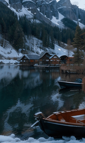 A serene mountain lake nestled between snow-capped peaks, with a wooden cabin overlooking the tranquil water, and a rowboat moored at the shore