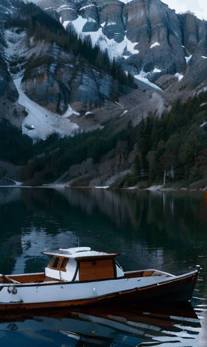 A serene mountain lake nestled between snow-capped peaks, with a wooden cabin overlooking the tranquil water, and a rowboat moored at the shore