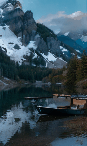 A serene mountain lake nestled between snow-capped peaks, with a wooden cabin overlooking the tranquil water, and a rowboat moored at the shore