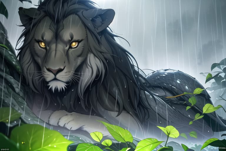  lion, hiding in the leaves, black dragon, shiny scales, ((rain)), zazie rainyday, beautiful eyes, macro shot, colorful details, natural lighting, amazing composition, subsurface scattering, velus hairs, amazing textures, filmic, soft light hyperrealistic, full body, detailed clothing, highly detailed, cinematic lighting, stunningly beautiful, intricate, sharp focus, f/1. 8, 85mm, (centered image composition), (professionally color graded), ((bright soft diffused light)), volumetric fog, trending on instagram, trending on tumblr, HDR 4K, 8K