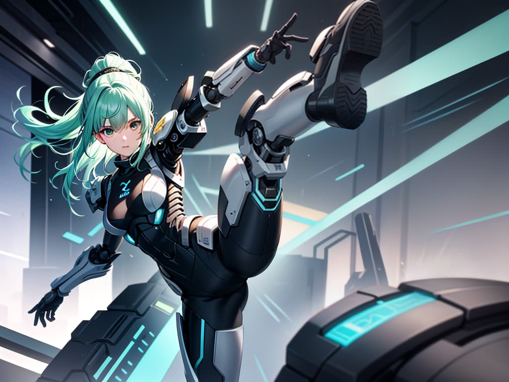  masterpiece,insanely detailed face,solo,girl,intelligence,genius,serious,cool,clear face,aqua hair,hair up,sidelocks,ring hair,humanoid,((mechanical joint)),((exoskeleton)),((mechanical legs)),green colored armor,pose,((kicking)),((incoming kick,incoming attack)),(standing on one leg),(outstretched foot,reaching towards viewer,close up sole),blurr sole, looking at viewer,sense of movement,speed line,motion blurr,blurr fore ground, hyperrealistic, full body, detailed clothing, highly detailed, cinematic lighting, stunningly beautiful, intricate, sharp focus, f/1. 8, 85mm, (centered image composition), (professionally color graded), ((bright soft diffused light)), volumetric fog, trending on instagram, trending on tumblr, HDR 4K, 8K