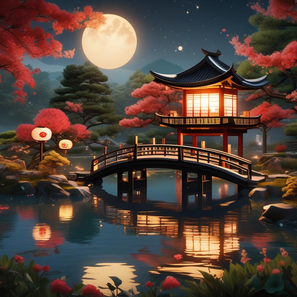  masterpiece, best quality, (fidelity:1.4), best quality, masterpiece, ultra high resolution, 8k resolution, night view inspired by Japanese art, featuring a garden illuminated by paper lanterns and a wooden bridge spanning a tranquil lake with a small Zen temple beside the lake.