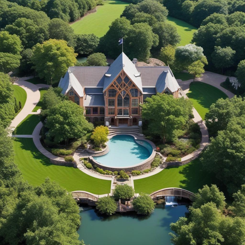  high school aerial over a treehouse and ponds, grand entrance, big arches and windows, profile image style