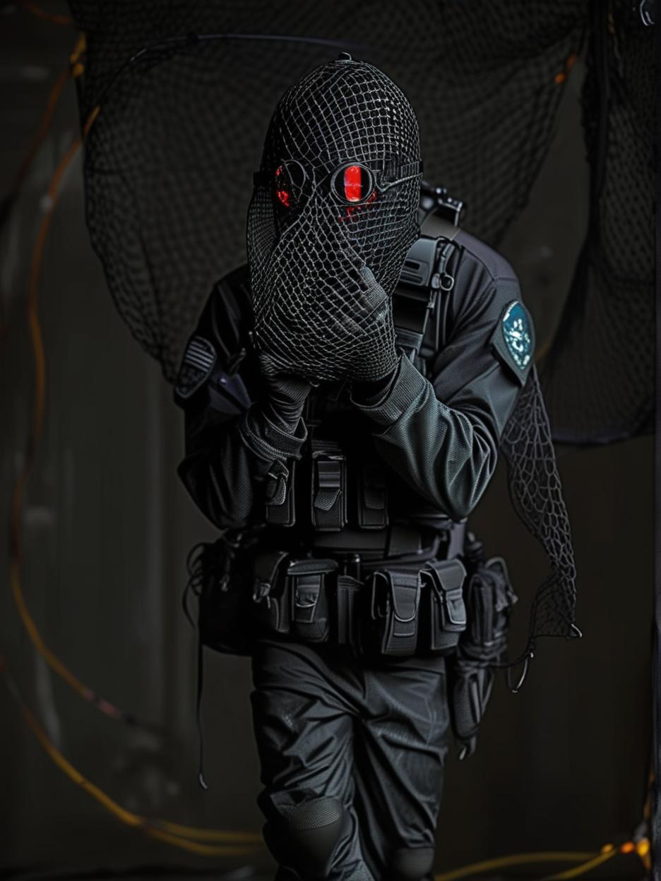  best quality, hd, create an image featuring a danish navy frogmen style helmet covered by a dense, dark black net that extends over their entire face. beneath this net, the musician wears a neon face mask with a glowing led circle prominently in the center. the neon circle should be visible through the net, the helmet should have the distinctive, utilitarian design of the danish frogmen, emphasizing its rugged and tactical appearance full black. the overall ambiance is dark and covert, with the netting making the face underneath invisible. the glowing neon circle frames the hidden face, creating a dramatic contrast between the dark, intricate net and the bright, shining neon.