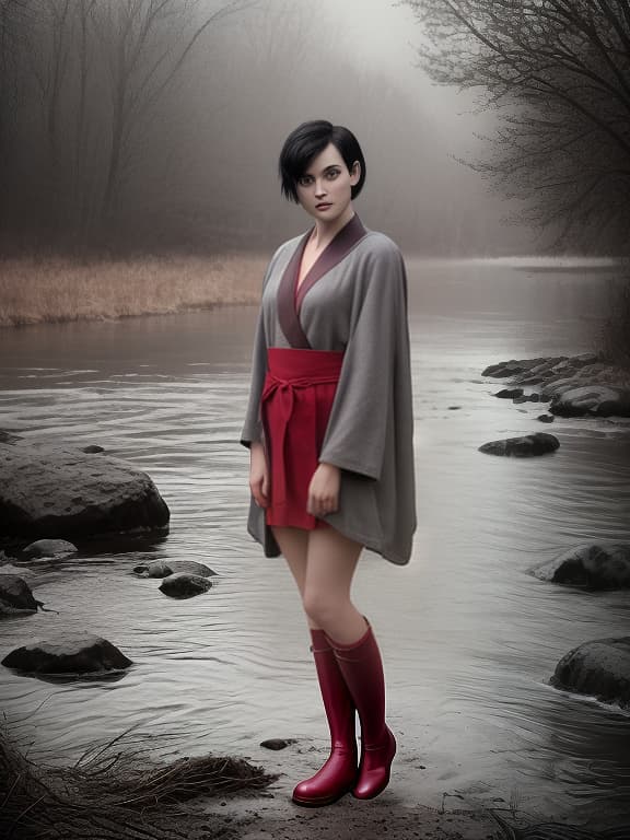  (realistic:1.2), the style of analog photography, a cute woman with short black hair, stands on the river bank. dressed in a short gray robe, black stockings and red boots on her feet. middle plan, (dark and dark atmosphere), soft natural light.