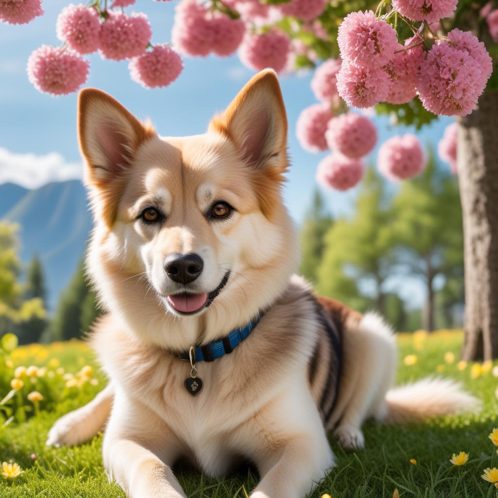  A cute and playful dog sitting in a sunny park. The dog has fluffy golden fur, bright brown eyes, and a joyful expression. In the background, there are green trees and colorful flowers, with a blue sky and a few fluffy clouds. The sunlight creates a warm and cheerful atmosphere. hyperrealistic, full body, detailed clothing, highly detailed, cinematic lighting, stunningly beautiful, intricate, sharp focus, f/1. 8, 85mm, (centered image composition), (professionally color graded), ((bright soft diffused light)), volumetric fog, trending on instagram, trending on tumblr, HDR 4K, 8K