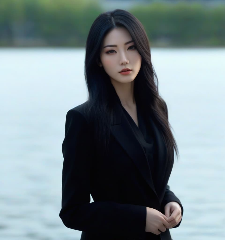  japanese girl, long black hair, black suit hyperrealistic, full body, detailed clothing, highly detailed, cinematic lighting, stunningly beautiful, intricate, sharp focus, f/1. 8, 85mm, (centered image composition), (professionally color graded), ((bright soft diffused light)), volumetric fog, trending on instagram, trending on tumblr, HDR 4K, 8K