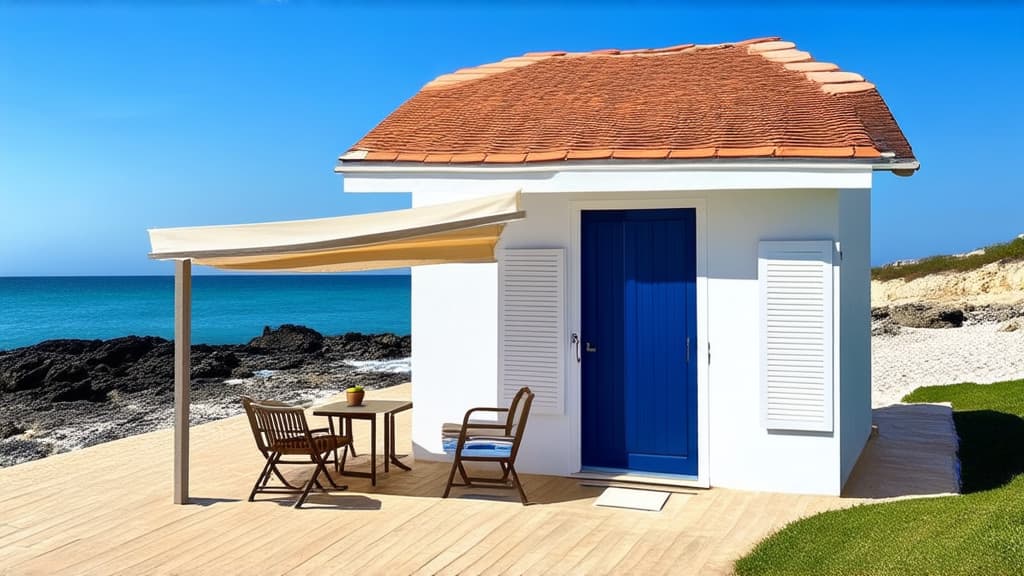  the picture shows a small house standing on the seashore. the house is one story with a flat roof. the walls of the house are painted white. the door to the house is blue and the shutters on the windows are white. in front of the house there is a small terrace with a canopy, on which there is a table and two chairs. there is coffee and breakfast on the table. the floor of the terrace is tiled. from the terrace there is a view to the sea. the sea is blue and calm. mountains can be seen on the horizon. ar 16:9 {prompt}, maximum details