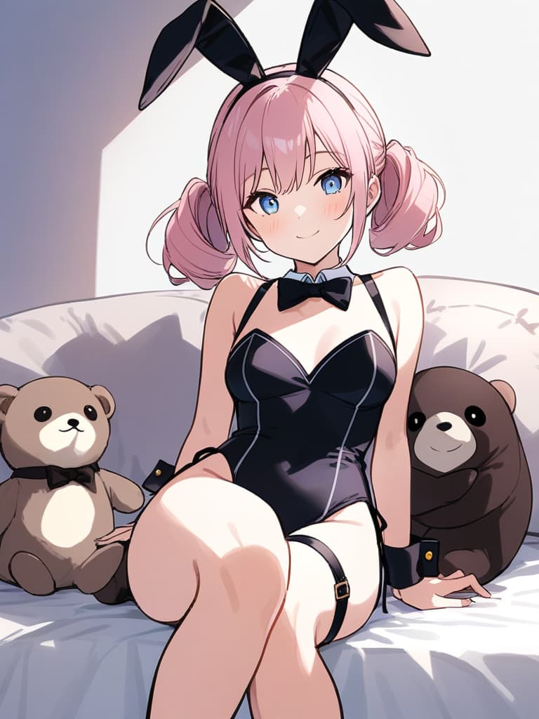  masterpiece,one ,delicate pink hair color,(twin tail hairstyle),(wearing black bunny ears catsuit),delicate blue eye color,smiling,(((wearing play bunnyuniform:black leotard,black ,bowtie,wrist cuffs))),blake！(((cute stuffed sloth on :1.2))),(((holding sloth))),sitting on plush sofa,table in foreground,gorgeous parfait on table,high quality,16k