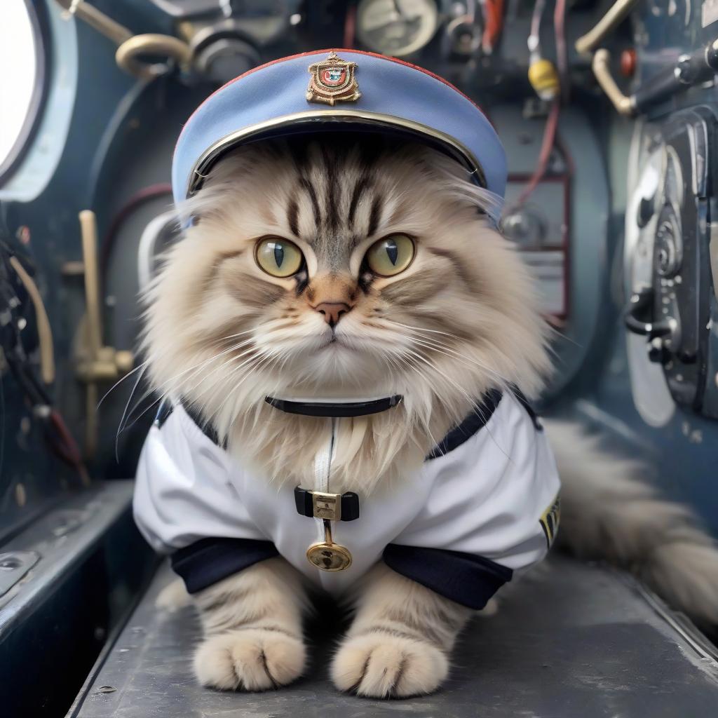  siberian cat in a cap in a submarine