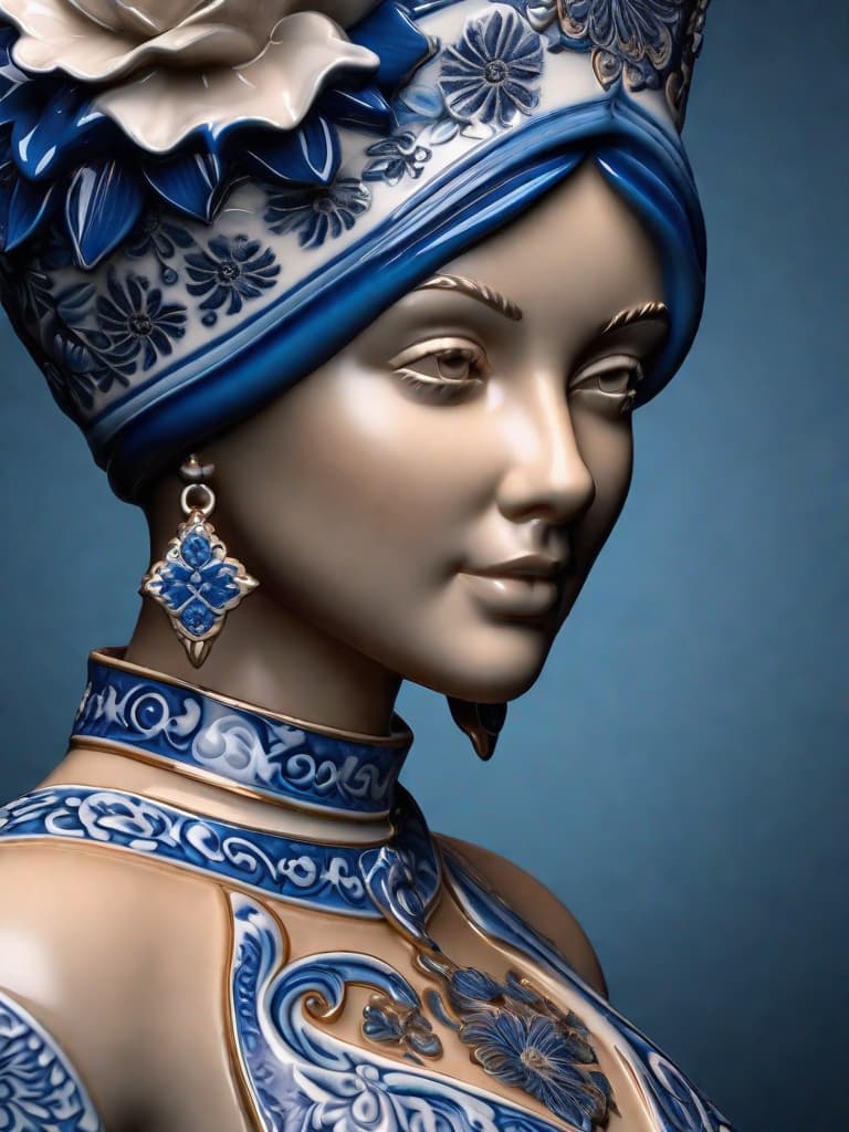  Close-up porcelain female figurine, looking to the camera, glossy surface, glaze, shiny, blue floral tattoos on her, dark gradient background, baroque dark style, hyperrealistic, CG society, intricate details