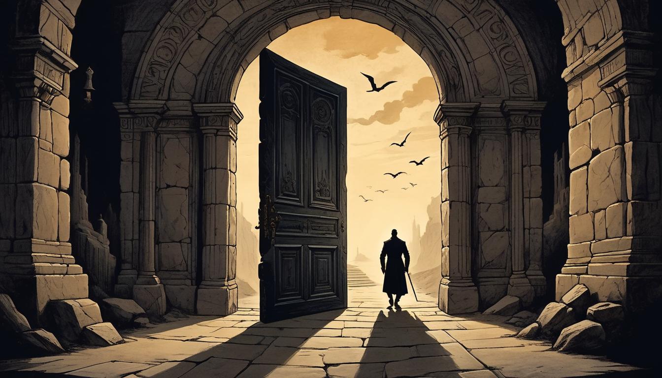  on parchment, surrealism+++, a grand, ancient door flung wide open, dark corridor beyond, figure silhouetted in twilight stepping beyond, past opportunities.(mysterious, provocative, symbolic,muted color)+++