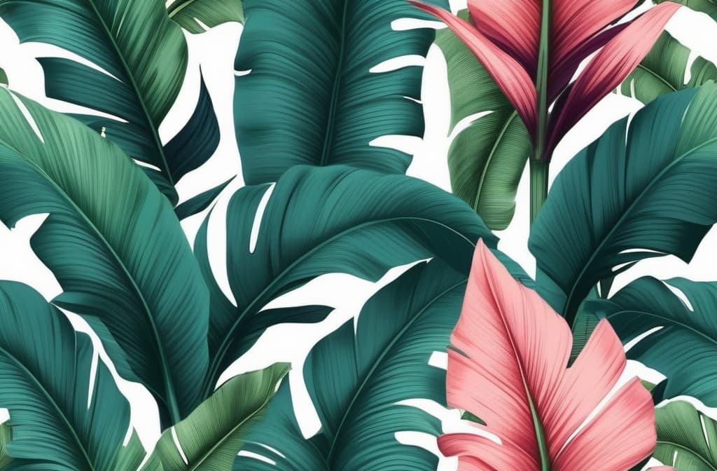  Tropical luxury exotic seamless pattern. Pastel colorful banana leaves, palm. ar 3:2 high quality, detailed intricate insanely detailed, flattering light, RAW photo, photography, photorealistic, ultra detailed, depth of field, 8k resolution , detailed background, f1.4, sharpened focus