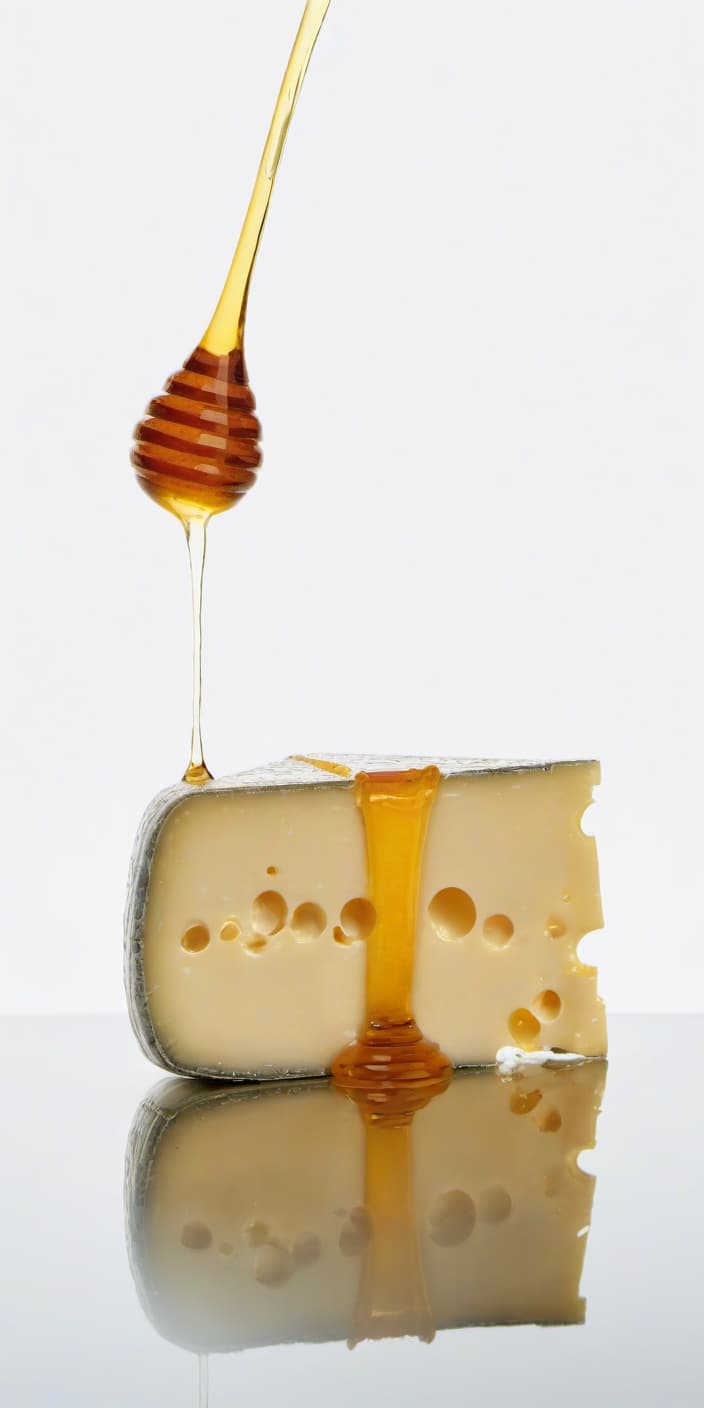  food photography style cheese is watered with honey, there is a reflection from cheese, white background . appetizing, professional, culinary, high resolution, commercial, highly detailed, film photography style