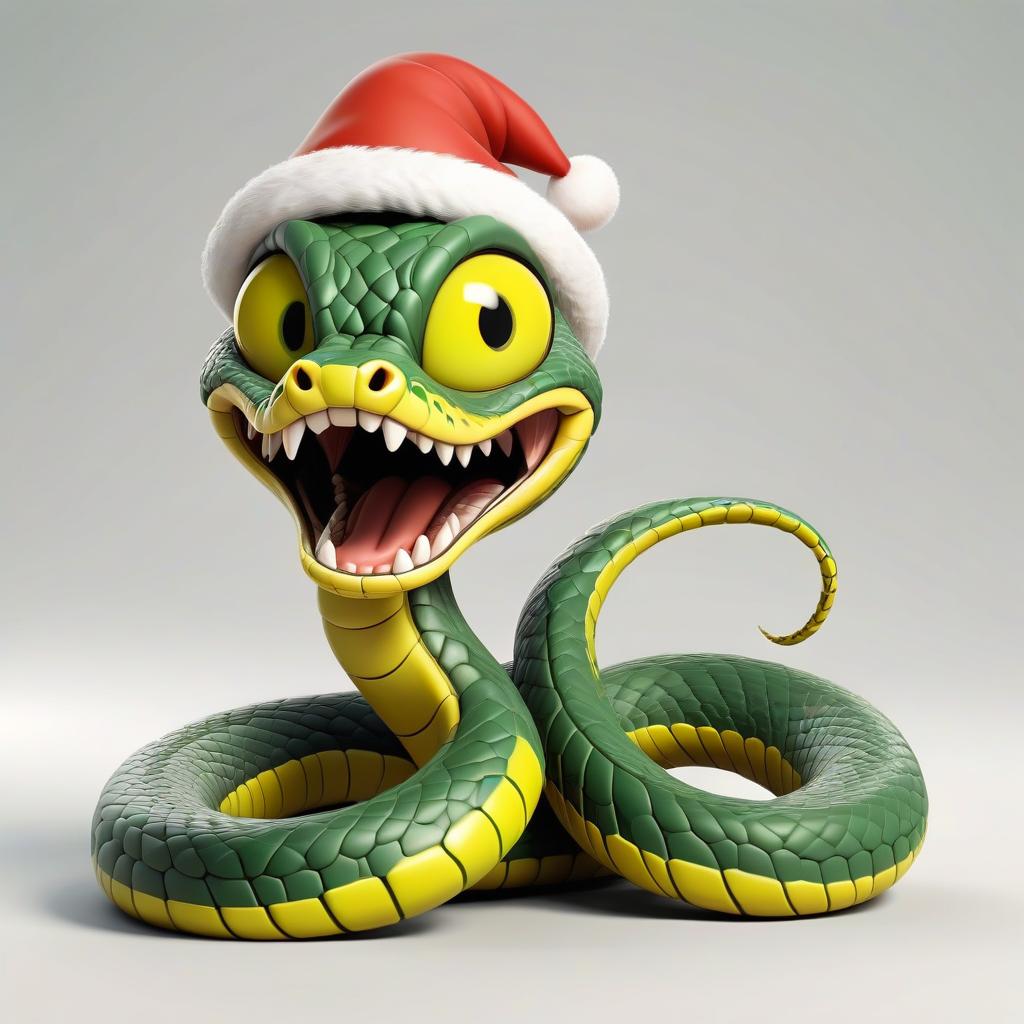  a nice kind cartoon character in the form of a large curled snake of green color with detailed scaly skin and a piercing yellow eye, a full length 3d octane number on a white background in a santa cap