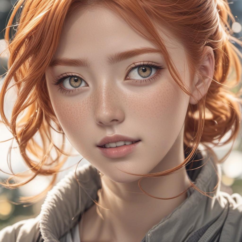  freckled ginger woman with braces , anime style, manga style, manhwa style