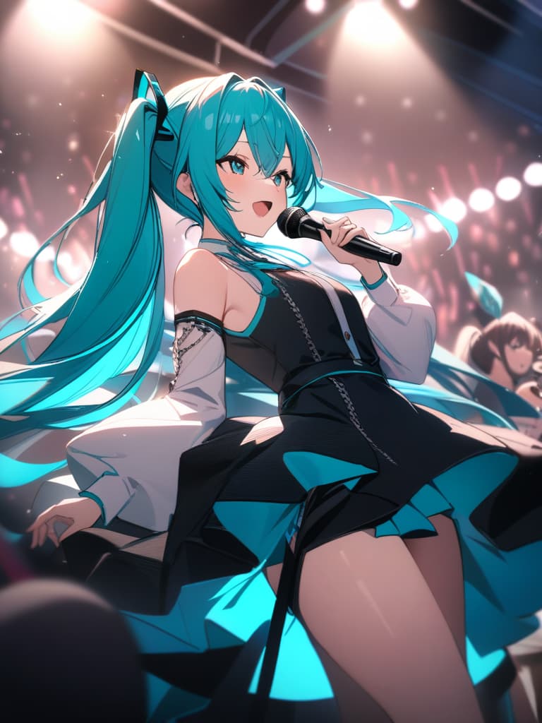  hatsune miku, cute, singing, dancing, having a microphone, masterpiece, best quality,8k,ultra detailed,high resolution,an extremely delicate and beautiful,hyper detail