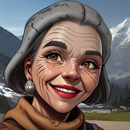   old , goliath, gray skin, with pictures of mountains on her face, smiling, market, fantasy