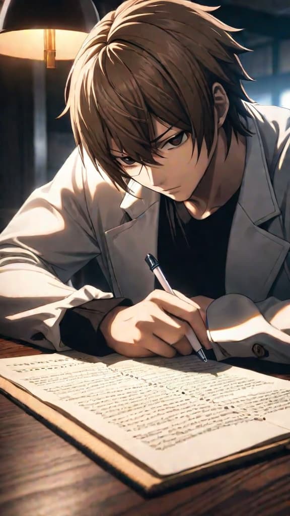  anime art of a person writing names in a death note, with memories symbolically transferring to another person, from death note hyperrealistic, full body, detailed clothing, highly detailed, cinematic lighting, stunningly beautiful, intricate, sharp focus, f/1. 8, 85mm, (centered image composition), (professionally color graded), ((bright soft diffused light)), volumetric fog, trending on instagram, trending on tumblr, HDR 4K, 8K