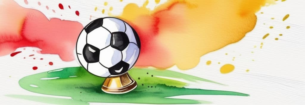  Create artwork Soccer ball and golden cup. World championship cup, football match. Achieve and competition victory. Sport bet. Watercolor illustration for design banner, poster, card with copy space ar 3:1 using watercolor techniques, featuring fluid colors, subtle gradients, transparency associated with watercolor art