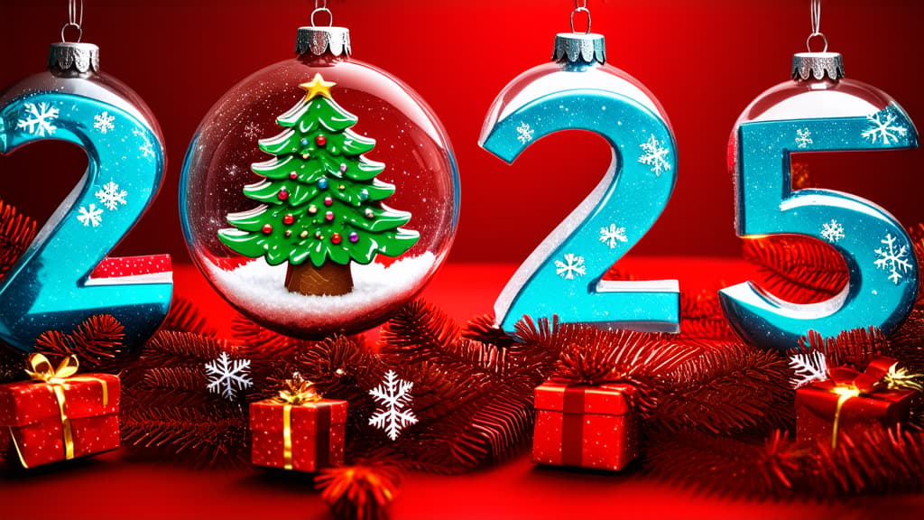  2025 happy new year. numbers 2025 with cristmas trees, gifts and snow flakes in glass baubles or balls, new years eve decoration. ar 16:9 {prompt}, maximum details