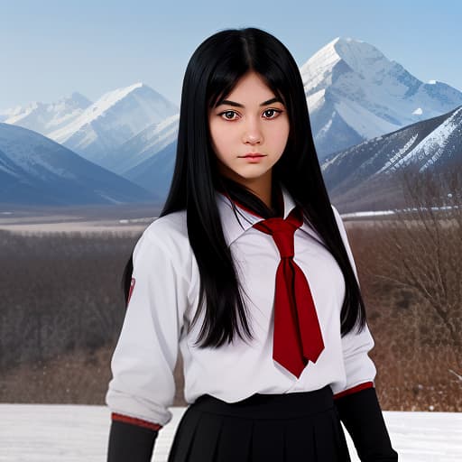  a girl with black long hair without bangs with red dark eyes in a black school uniform with red inserts and with a katana against the background of mountains in winter