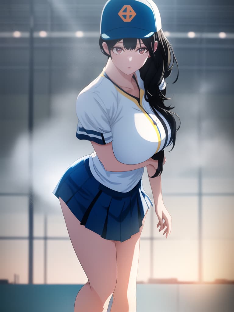  Midsummer stadium, baseball girl, black hair girl. Wearing a pale light blue baseball shirt like summer blue and white, a baseball cap, a distant view, a full size, full size, masterpiece, best quality,8k,ultra detailed,high resolution,an extremely delicate and beautiful,hyper detail hyperrealistic, full body, detailed clothing, highly detailed, cinematic lighting, stunningly beautiful, intricate, sharp focus, f/1. 8, 85mm, (centered image composition), (professionally color graded), ((bright soft diffused light)), volumetric fog, trending on instagram, trending on tumblr, HDR 4K, 8K