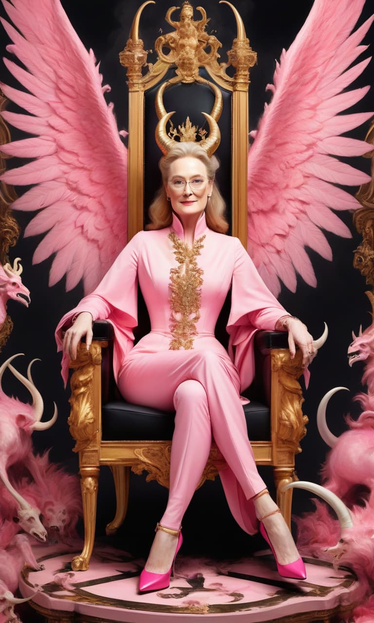  concept art pink, gold, black, white hell, near dishonesty, skeletons and demons meryl streep with demon horns on satan's throne chic prada shoes . digital artwork, illustrative, painterly, matte painting, highly detailed, perfect hands