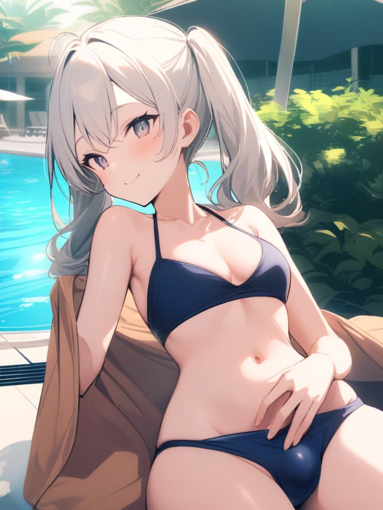  women's elementary students, twin tails, rich smiles, cute smiles, navy blue swimwear, old swimwear, swimwear, simple, male, shaped clear , shaped clear, clear stem, shaped crisp, male bulge,, front. the whole body, pool side,