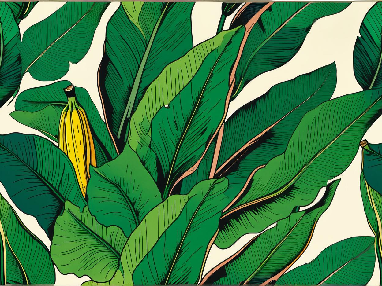  minimalism, this image features individual banana leaves, each illustrated with fine detail, highlighting their unique textures and curvature. the leaves vary in shape—some are elongated and smooth, while others appear to be slightly curled or frayed, possibly indicating different stages of growth or wear. the color palette ranges from bright, fresh greens to deeper, more mature hues, giving a realistic, dynamic representation of the plant’s natural beauty. each leaf carries its own distinct form, emphasizing their organic and fluid shapes., abstract, simple geometic shapes, hard edges, sleek contours, minimalism