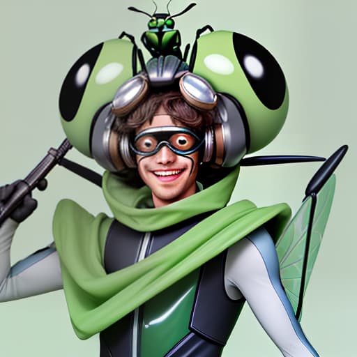  cute cartoon insect beetle character with a green body, big expressive eyes and a smile on his lips. on his head he has a huge brown helmet with goggles, giving him an adventurous look. the insect beetle stands confidently holding a blaster, he has graceful wings and long tendrils. the background is simple and bright inside the starship to emphasize the charm of the funny character with the weapon.