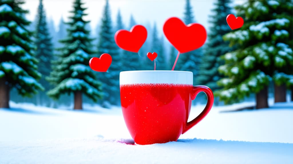  coffee cup with hearts flying out of it standing on snow, snowy forest background, digital art, hyper realistic photography, very beautiful, highly detailed cute, high quality photos, high quality, beautiful wallpaper ar 16:9 {prompt}, maximum details