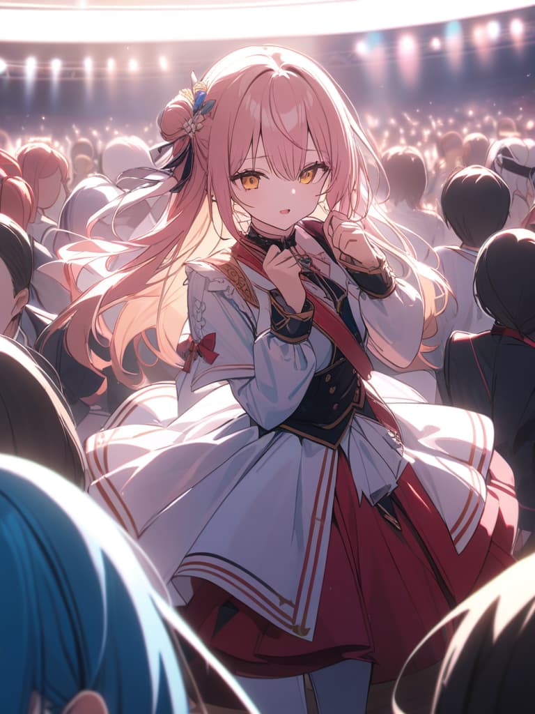  singing on the stage, a lot of spectators around, one is yellow hair, one is light blue hair, one is pink hair, trio idol, masterpiece, best quality,8k,ultra detailed,high resolution,an extremely delicate and beautiful,hyper detail