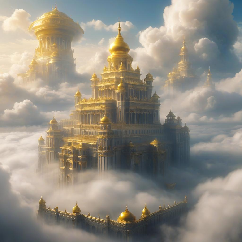  fog city. golden city. a large palace surrounded by clouds.