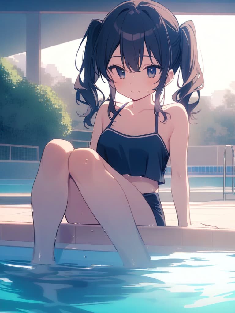  junior s, twin tails, cute smiles, dark blue, dark blue swimwear, dark blue swimwear, vertical , clear (double ual equipment, shaped clear, swelling, man swelling),, front legs, whole body, pool, pool, pool, pool.