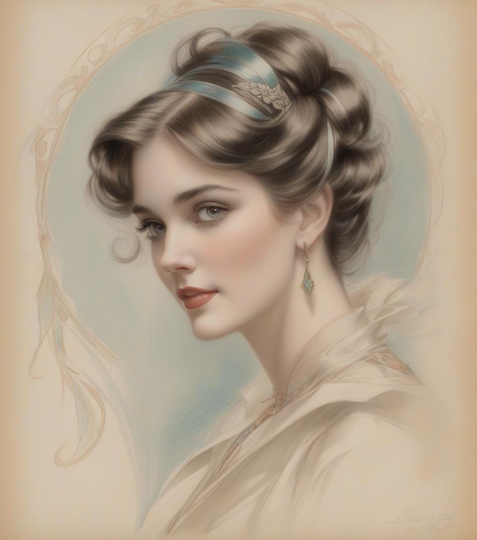  portrait of a beautiful woman, harrison fisher, colored pencil art, black pencil on antique paper, intricate detail.