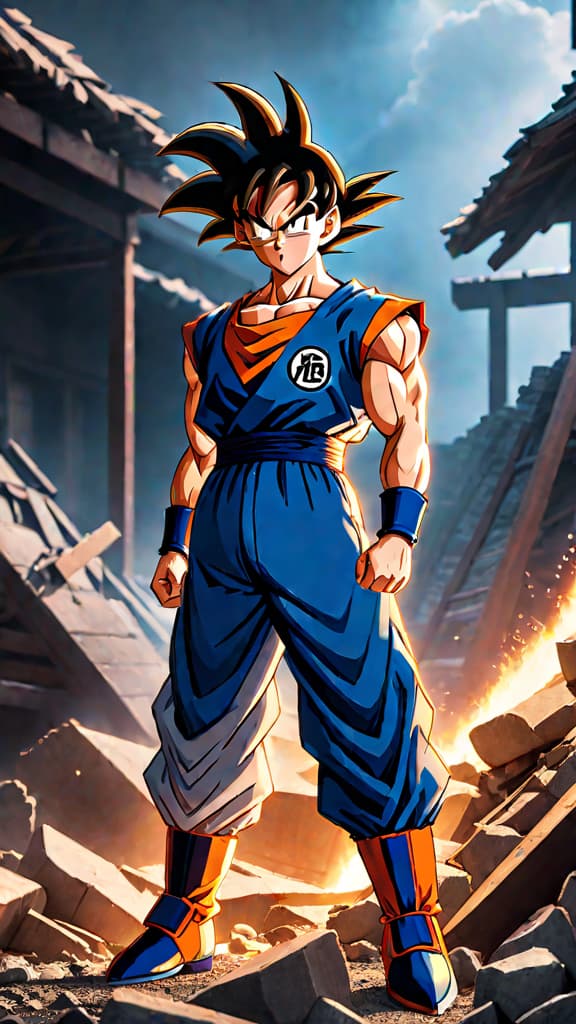  goku from dragon ball z standing amidst rubble, glowing with celestial energy, legendary moment, anime art hyperrealistic, full body, detailed clothing, highly detailed, cinematic lighting, stunningly beautiful, intricate, sharp focus, f/1. 8, 85mm, (centered image composition), (professionally color graded), ((bright soft diffused light)), volumetric fog, trending on instagram, trending on tumblr, HDR 4K, 8K