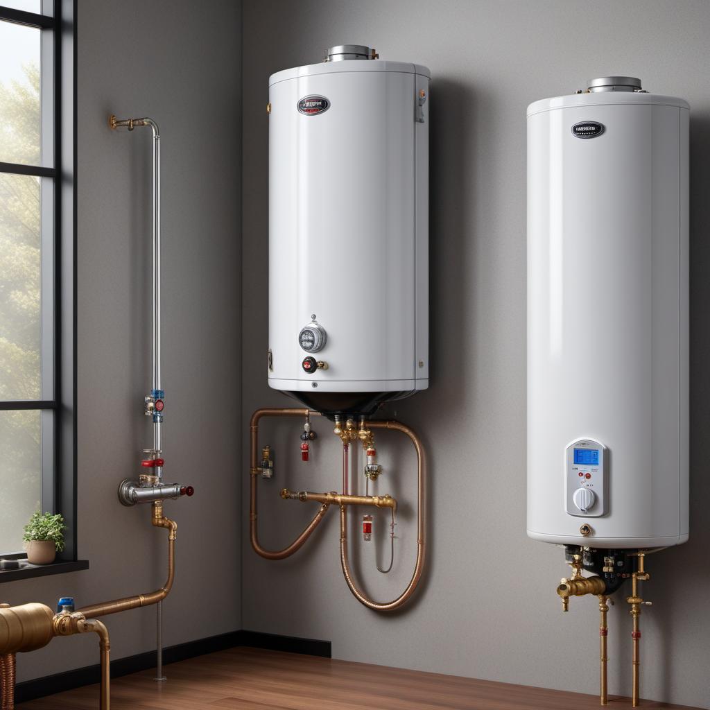  High-quality images of water heaters, featuring both traditional tank water heaters and modern tankless water heaters, shown in a clean and professional setting. hyperrealistic, full body, detailed clothing, highly detailed, cinematic lighting, stunningly beautiful, intricate, sharp focus, f/1. 8, 85mm, (centered image composition), (professionally color graded), ((bright soft diffused light)), volumetric fog, trending on instagram, trending on tumblr, HDR 4K, 8K