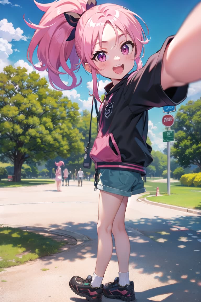  r 18, , middle , ,random situation, pink haired ,ponytail,large eyes,selfie in park