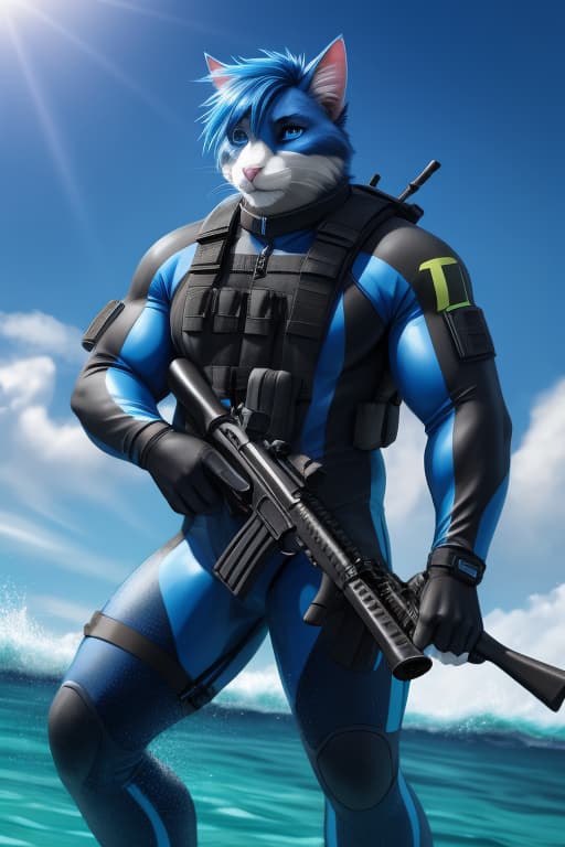  Cat anthro, Male, Big muscles, Royal Blue fur, Royal Blue hair, neon Blue eyes, Skintight neoprene suit, water, tactical gear, diving gear, rifle, open eyes, digital art, masterpiece, 4k, fine details,