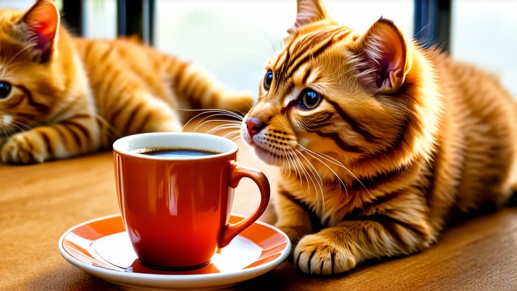  kitten and puppy lying next to each other, a cup of flavored coffee in front of them, photo, fluffy ears and long, about to step on you, brown, photo credit: wooden, tag, puppy, tall and small, sunshine, ar 16:9 {prompt}, maximum details